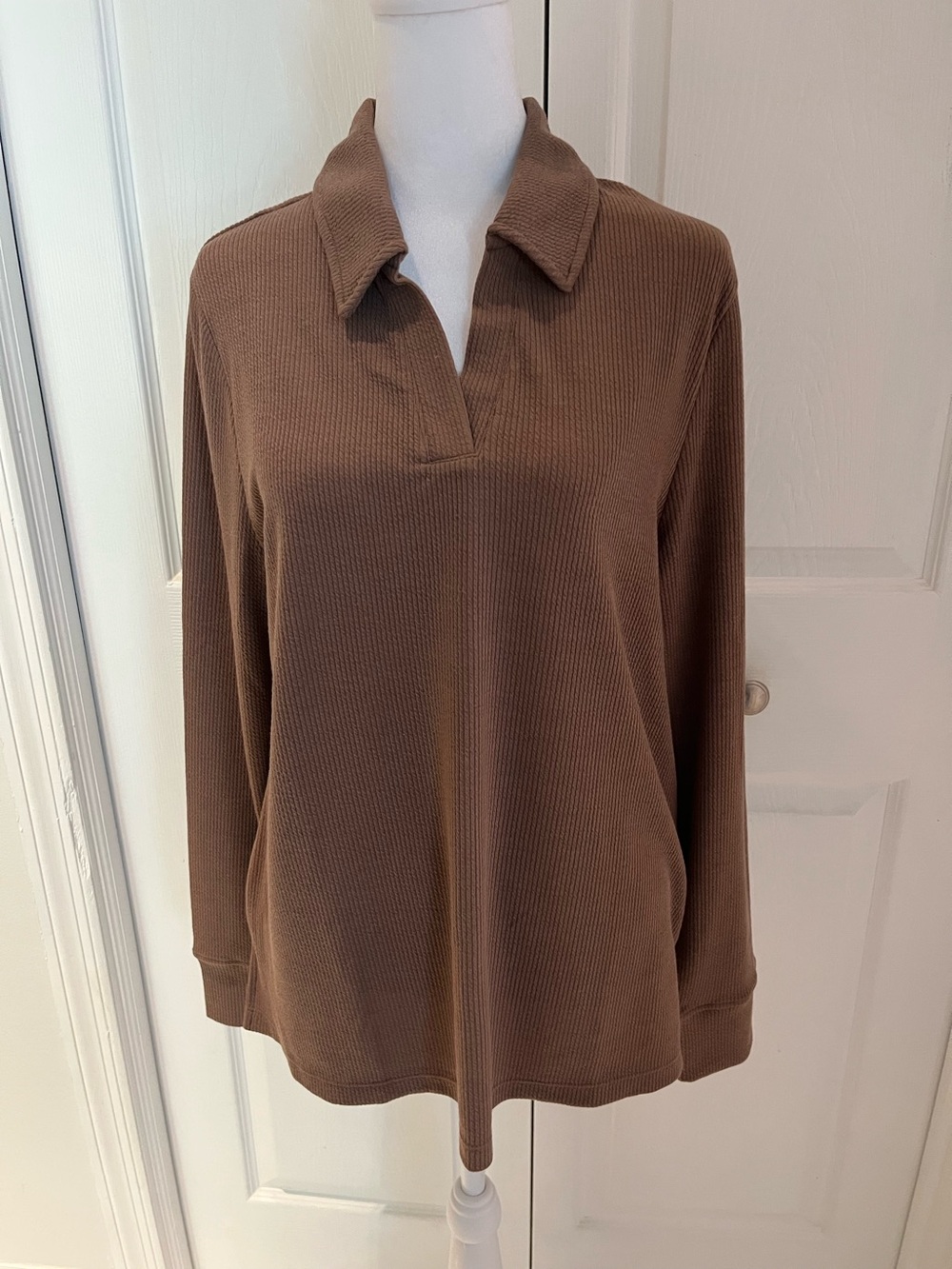 Cuddl Duds Brown Waffle-Knit Long Sleeve Polo Lounge Set